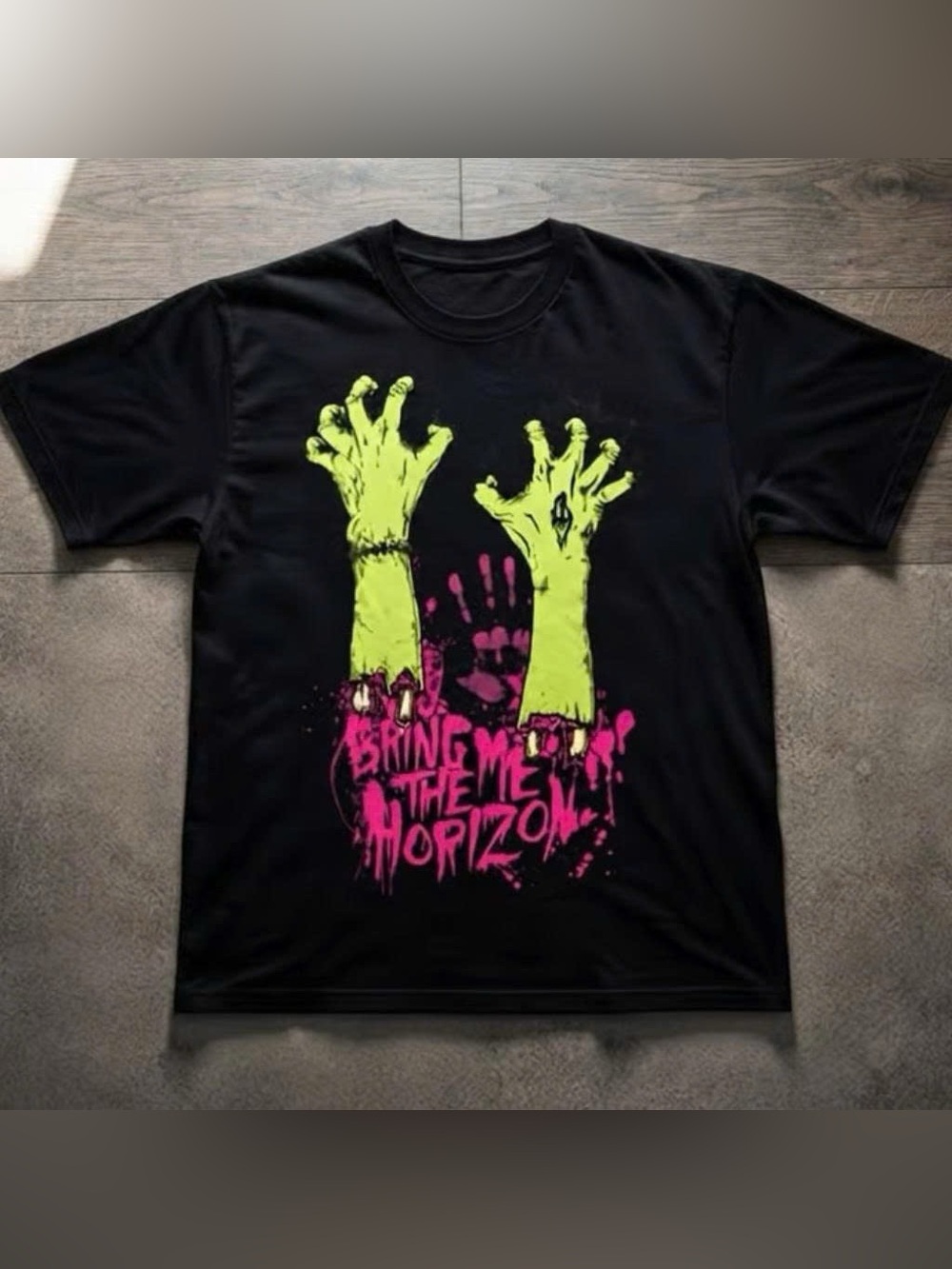 Black Short-Sleeve Tee with Neon Green Zombie Arms & Neon Pink Band Print